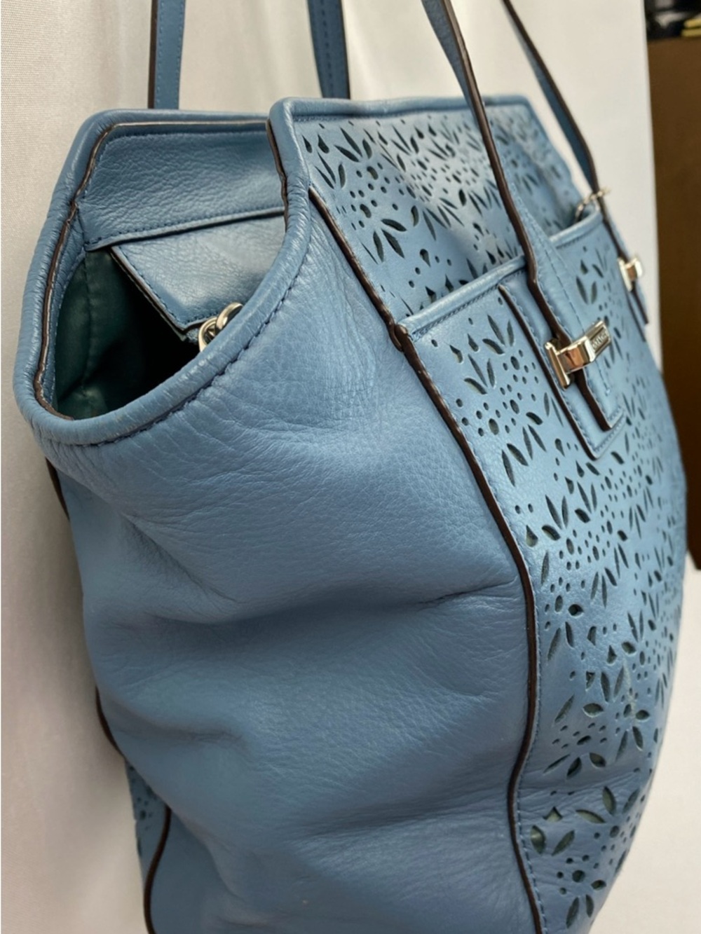 Coach Slate Blue Taylor Eyelet Leather 2 Handle Satchel F27391 Handbag Purse - Picture 3 of 15